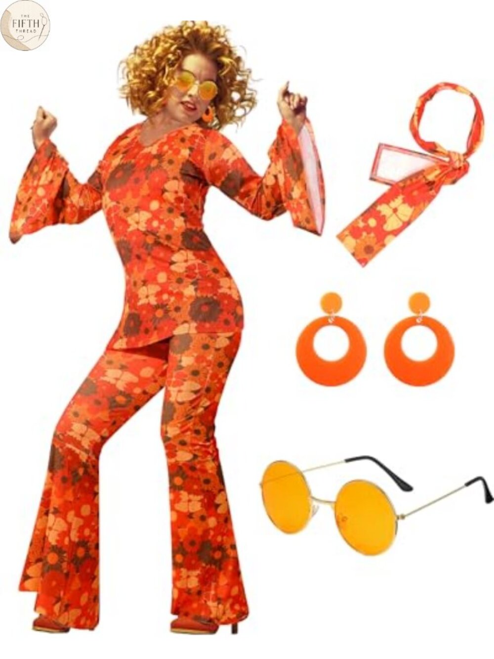 60s 70s Disco Outfit Women Hippie Costume 6 Pc Set Flared Pants